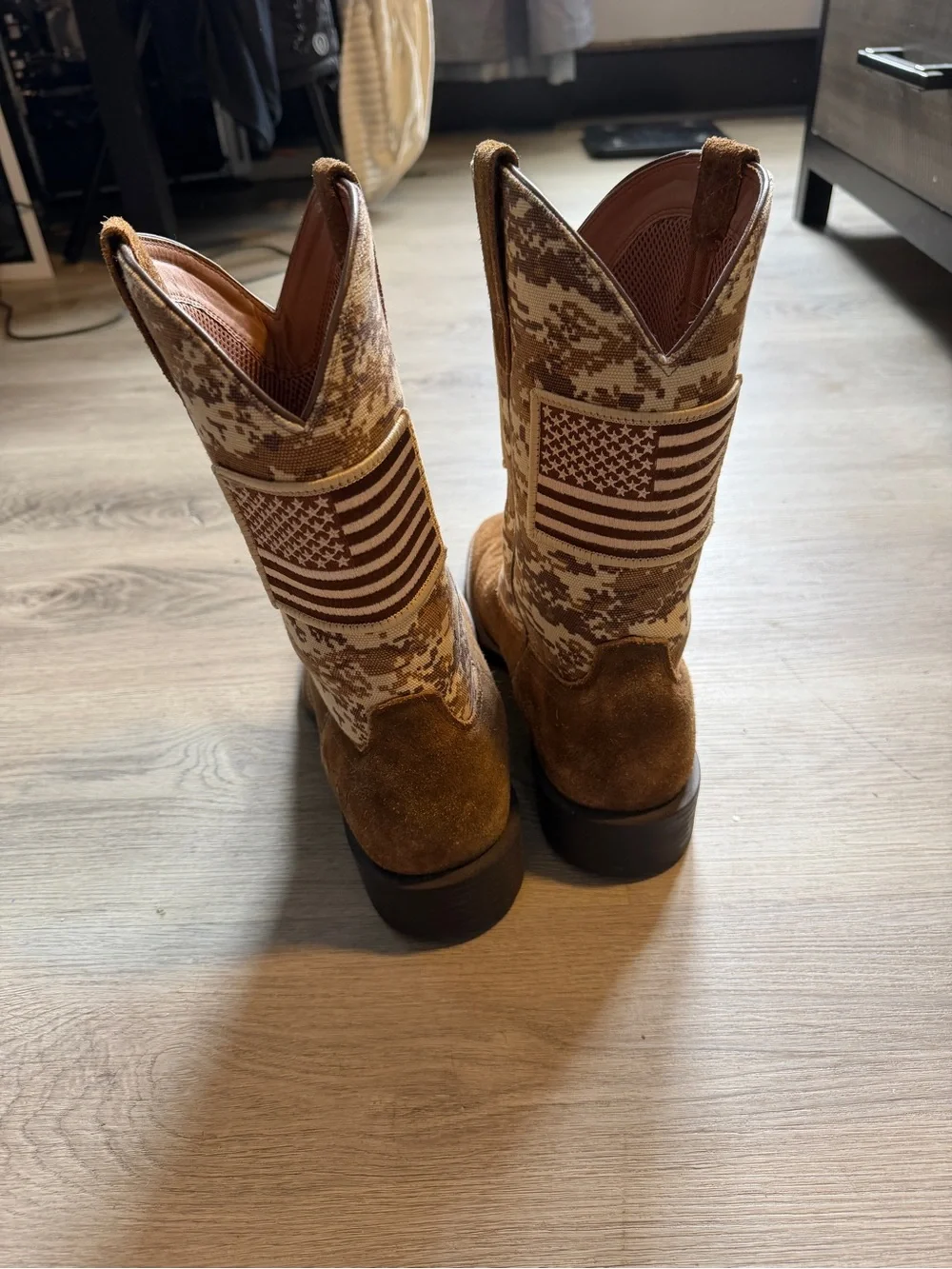 Men's Ariat Brown Suede Western Work Boots with Camo Shaft